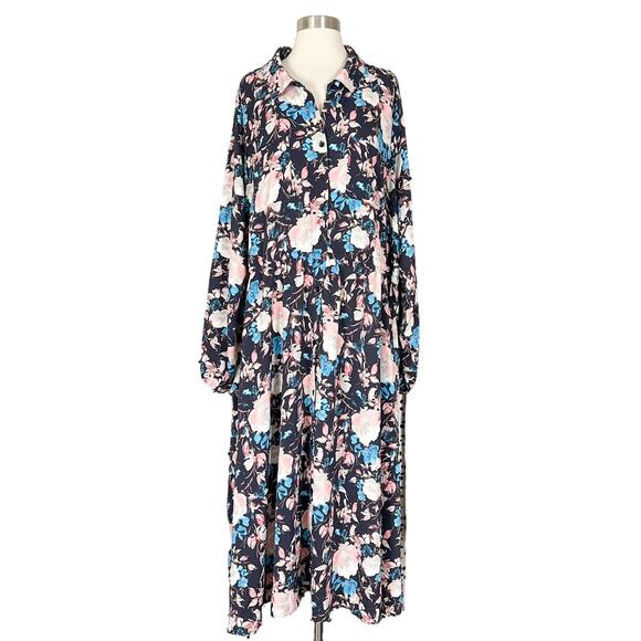 Torrid | Floral Print Crepe Plus Size Blue Pink Pocket Button Midi Dress 4 4 X - Picture 2 of 14